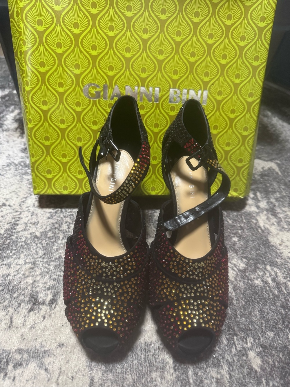 Gianni Bini Black Peep-Toe Heels with Red and Gold Crystal Embellishments